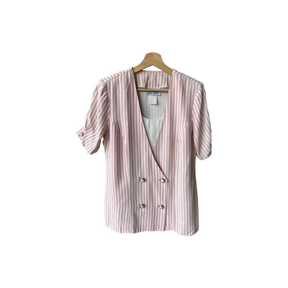 En Focus Blouse Top Vintage 90s Pink White Striped Double Breasted Short Sleeve